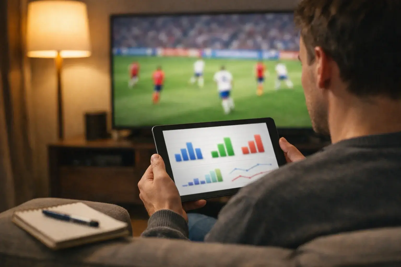Voetbalwedder analyseert een live wedstrijd op een tablet